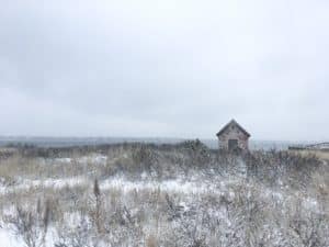 a shed in long grass with snow on the ground