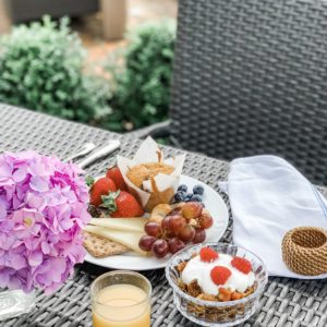 A plate of breakfast on the outside patio